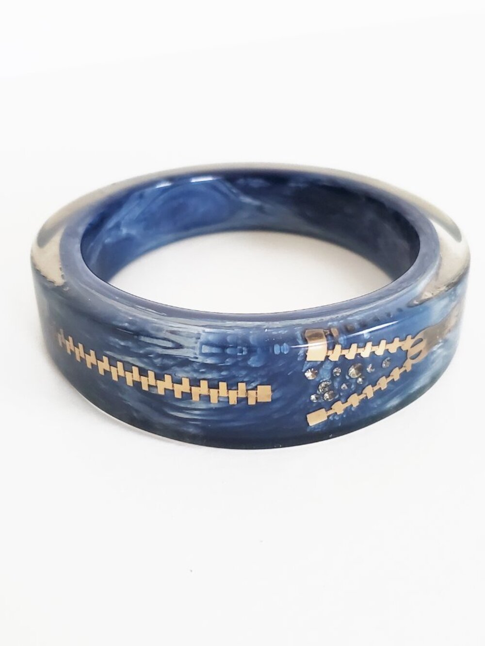 Luc Kieffer Lucite Navy Marbled Bracelet Gold Zipper Clear Crystal NEW